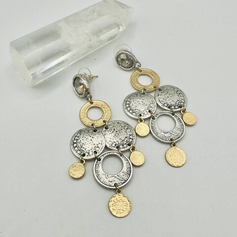 Chico's Silver Gold Tone Statement Coin Dangle Earrings NWOT
